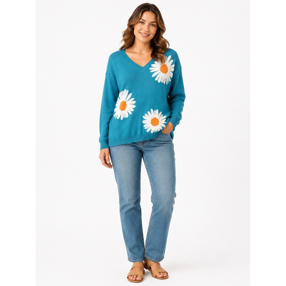 Laurie Felt Daisy Sweater Medium Teal Blue Cashmere Knit Boho Floral Casual Chic